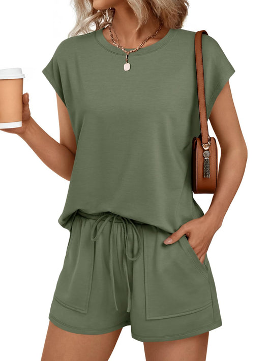 Womens Casual Lounge Set Cap Sleeve Top and Shorts