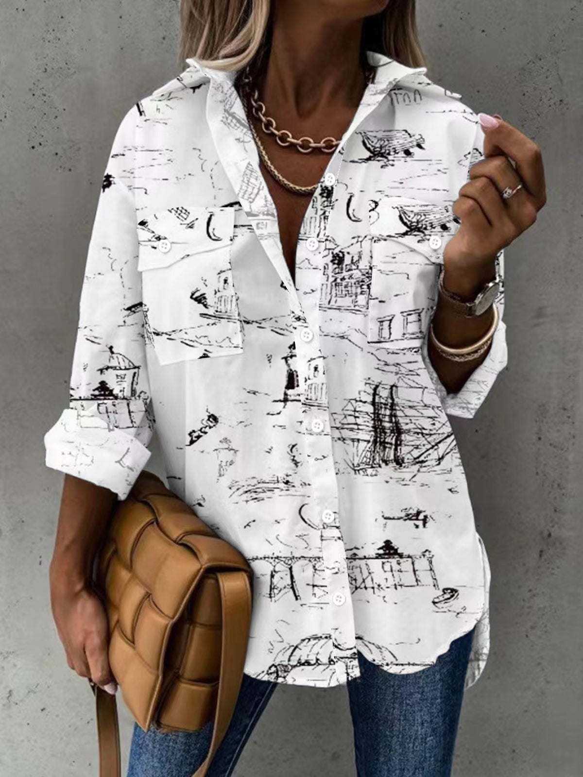 Oversized Scenic Sketch Button Down Pocket Shirt