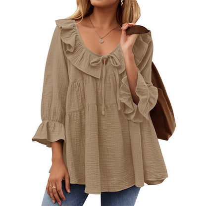 Women's Boho Ruffled Tie Front Tiered Bell Sleeve Top