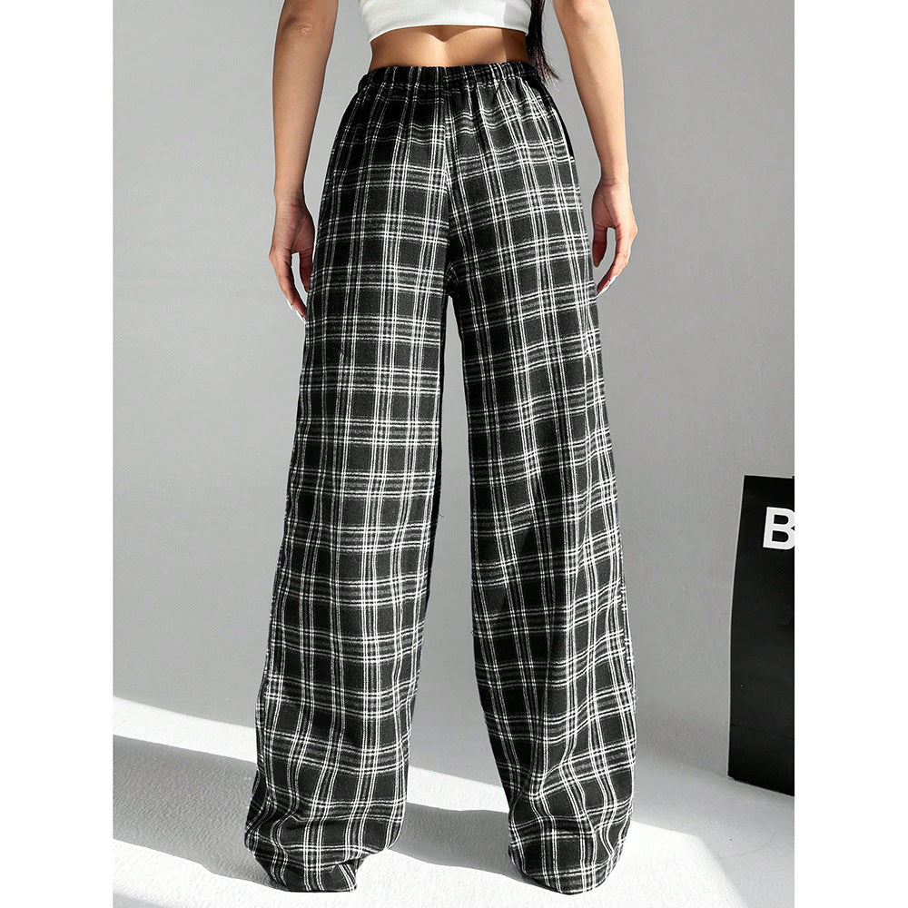 Plaid Wide Leg Pants Drawstring Casual Lounge Pants