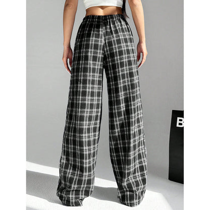 Plaid Wide Leg Pants Drawstring Casual Lounge Pants