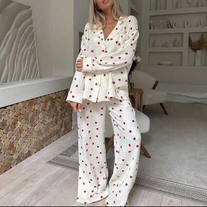 Women's Heart Print Cotton Pajama Set Long Sleeve Pants