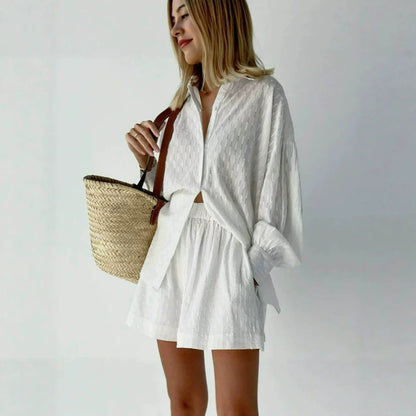Women's Cotton Jacquard Shirt and Shorts Two Piece Set