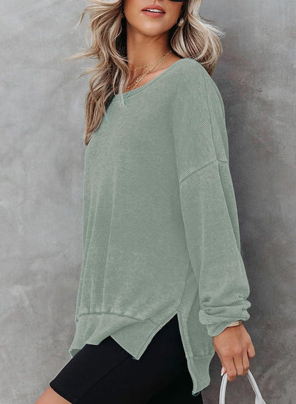 Waffle Split Hem Sweatshirt Women Casual Long Sleeve Top