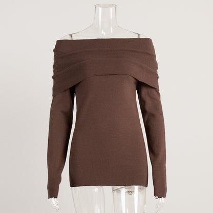 Women's Off Shoulder Draped Knit Fitted Long Sleeve Sweater