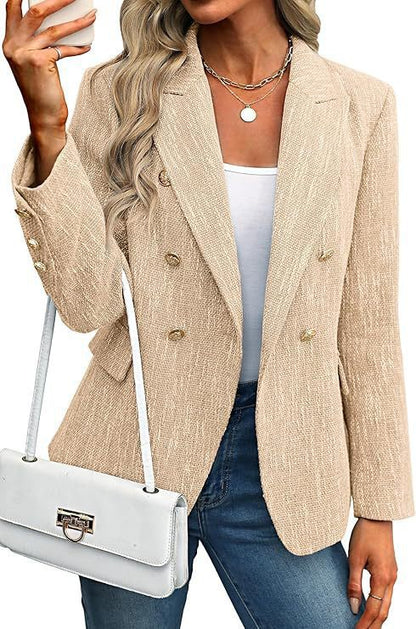 Women's Plaid Double Breasted Blazer Slim Fit Office Jacket