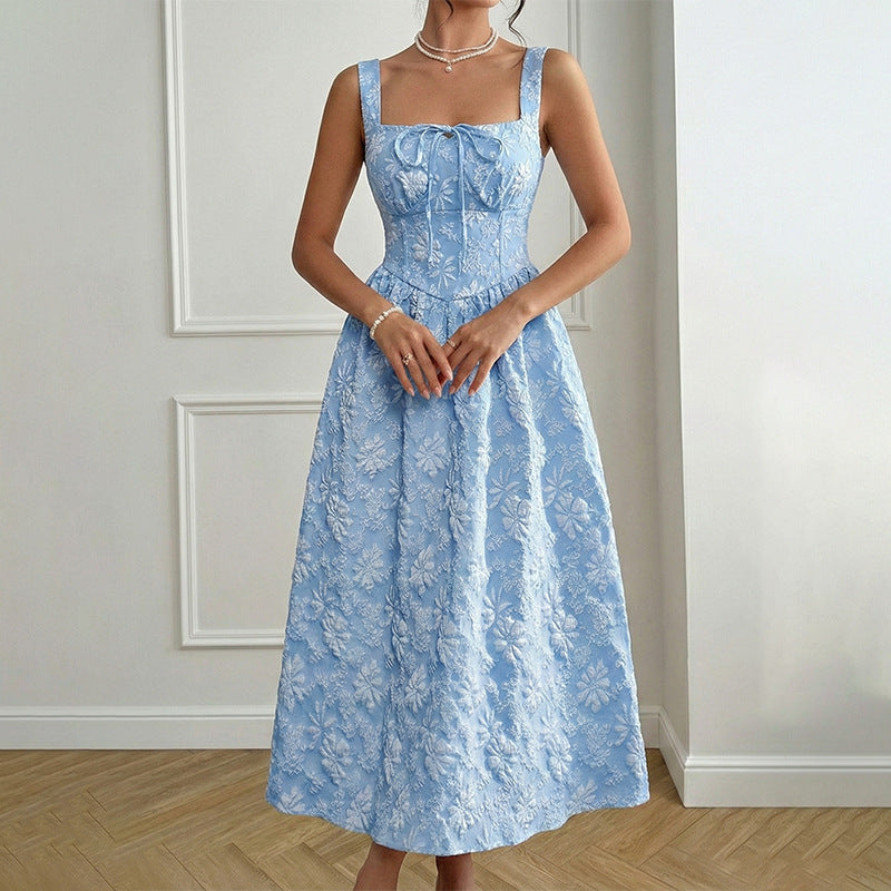 Blue Jacquard Square Neck Dress Sleeveless A-Line Mid-Length