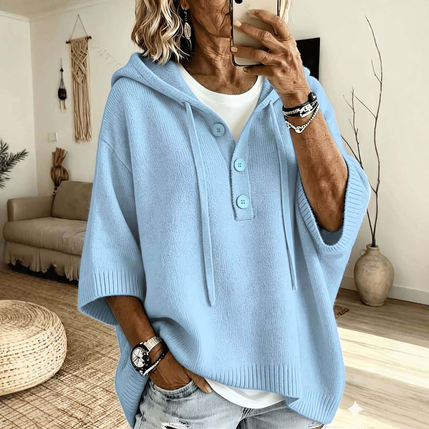 Womens Oversized Hooded Button Knit Sweater