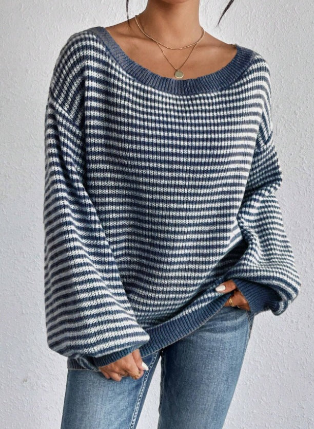 Women's Off Shoulder Striped Balloon Sleeve Sweater