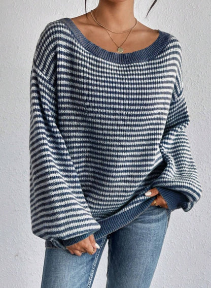 Women's Off Shoulder Striped Balloon Sleeve Sweater