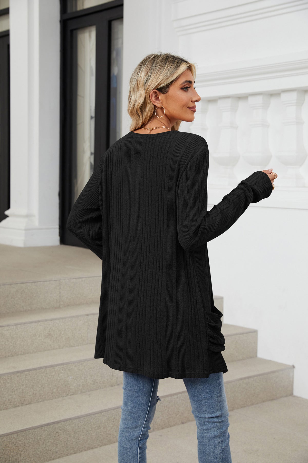 Women's Long Sleeve Ribbed Open Front Cardigan Pockets