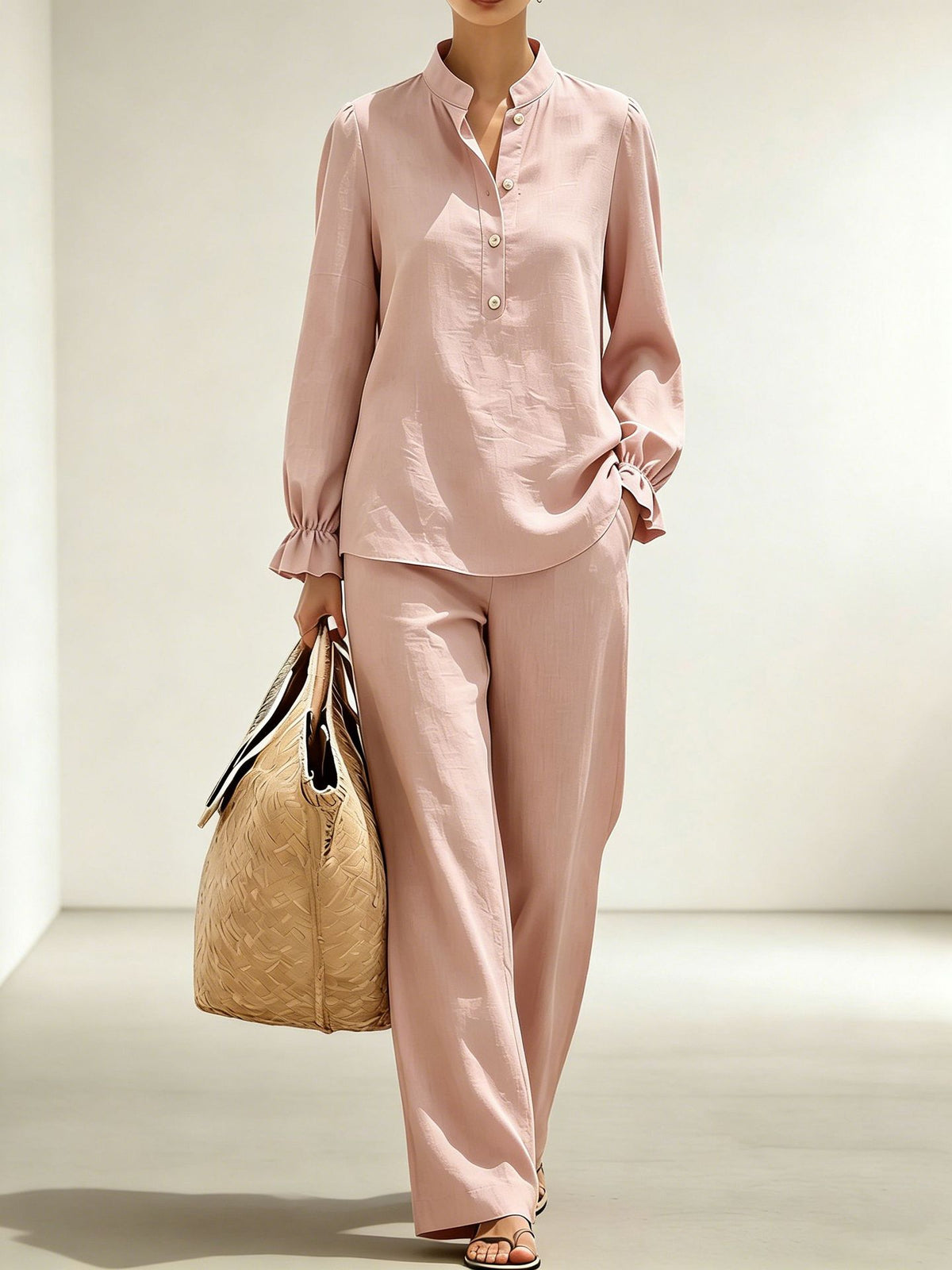 Women's Puff Sleeve Blouse Wide Leg Pants Matching Set