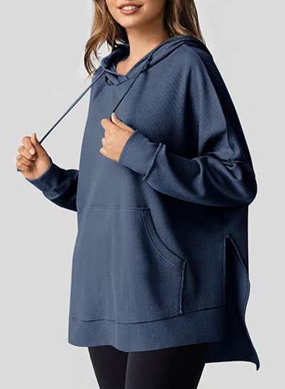 Women's Waffle Knit Hoodie Oversized Side Slit Pocket