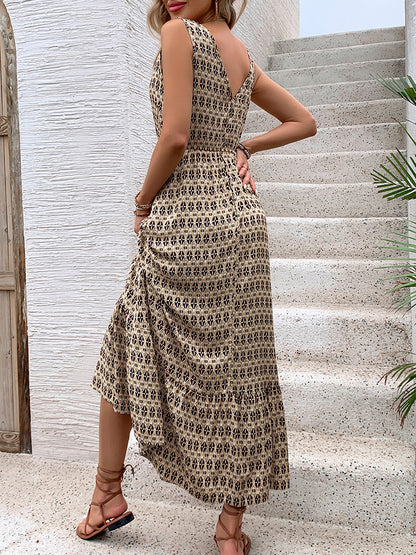 Boho Geometric Print Midi Dress Sleeveless V Neck Dress