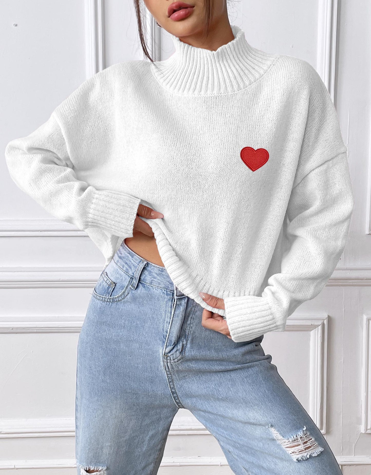 Women's Turtleneck Short Love Sticker Casual Bottoming Shirt