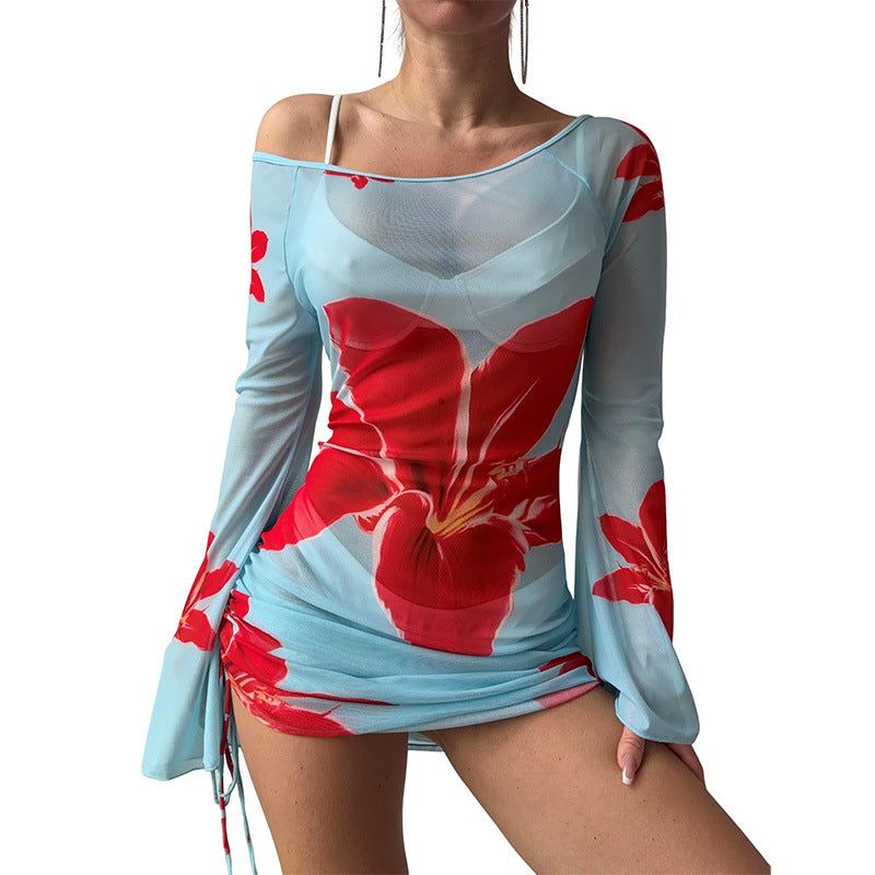 Sexy Sheer Mesh Floral Mini Dress Bell Sleeve
