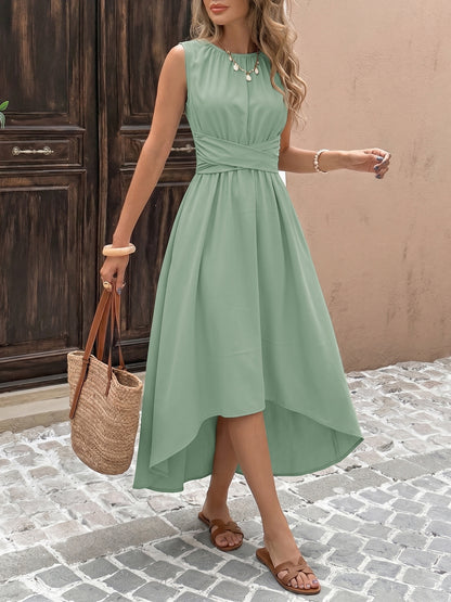 Sleeveless Tie Waist Midi Dress Flowy Asymmetrical Hem