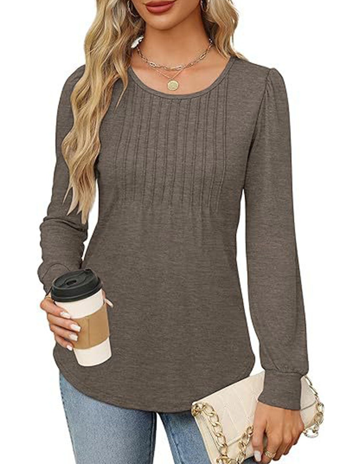 Solid Cotton Pintuck Blouse Long Sleeve Work Top