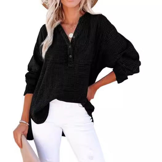 Womens Cotton Textured Long Sleeve Button Blouse