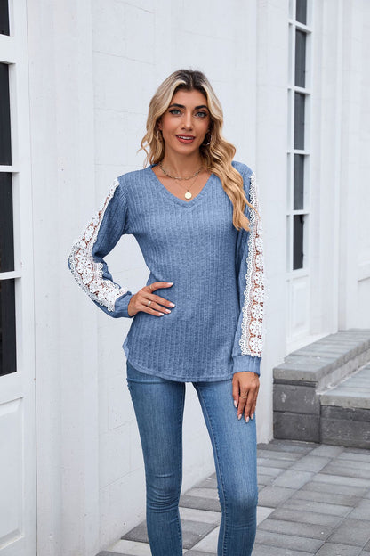 Women's V Neck Lace Long Sleeve Tunic Top
