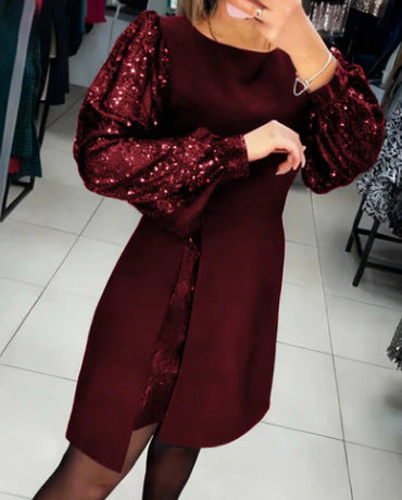 Sequin Puff Sleeve A-Line Party Mini Dress