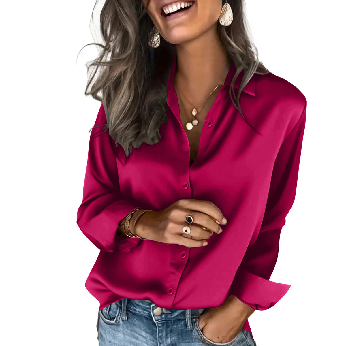 Women's Satin Long Sleeve Button Down Blouse