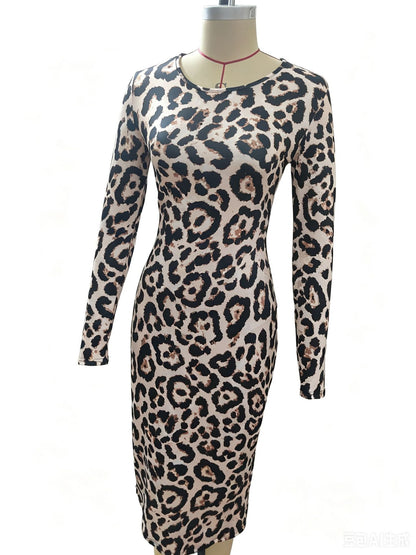 Leopard Print Long Sleeve Bodycon Slit Midi Dress
