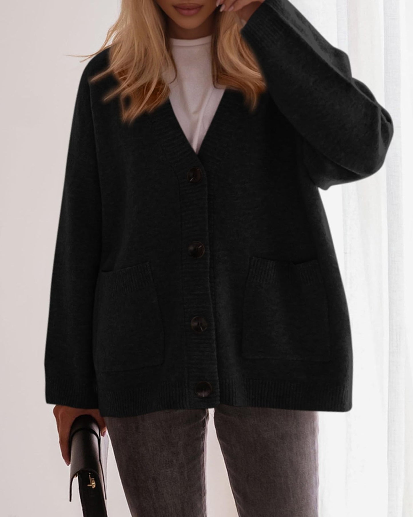 Oversized V Neck Button Knit Cardigan with Pockets