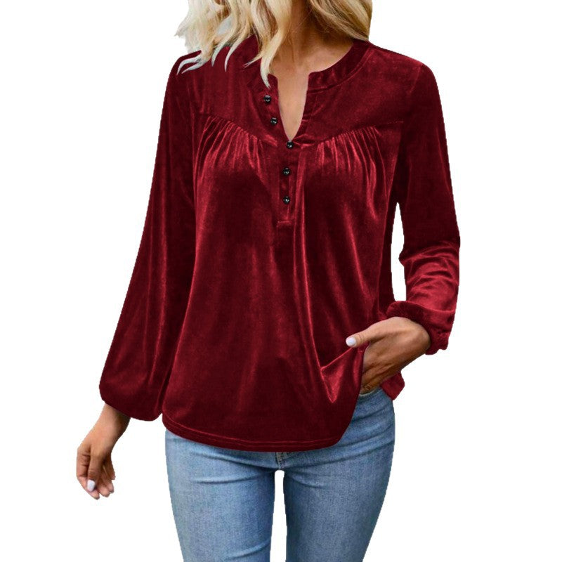 Velvet V Neck Button Top Long Sleeve Relaxed Fit Blouse