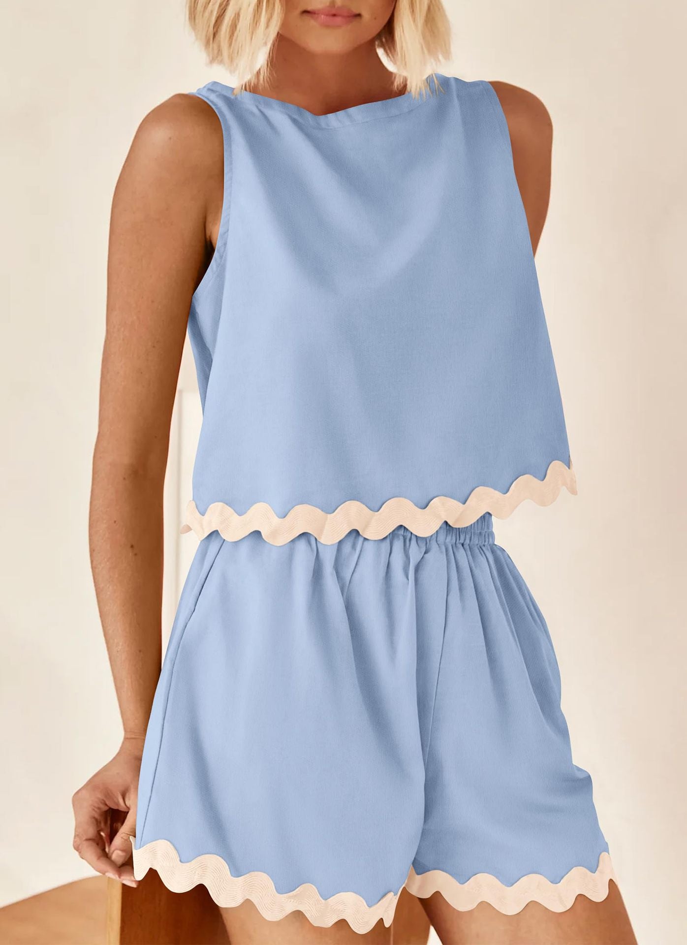 Linen Lace Two-Piece Set - Summer Crew Neck Vest & Shorts