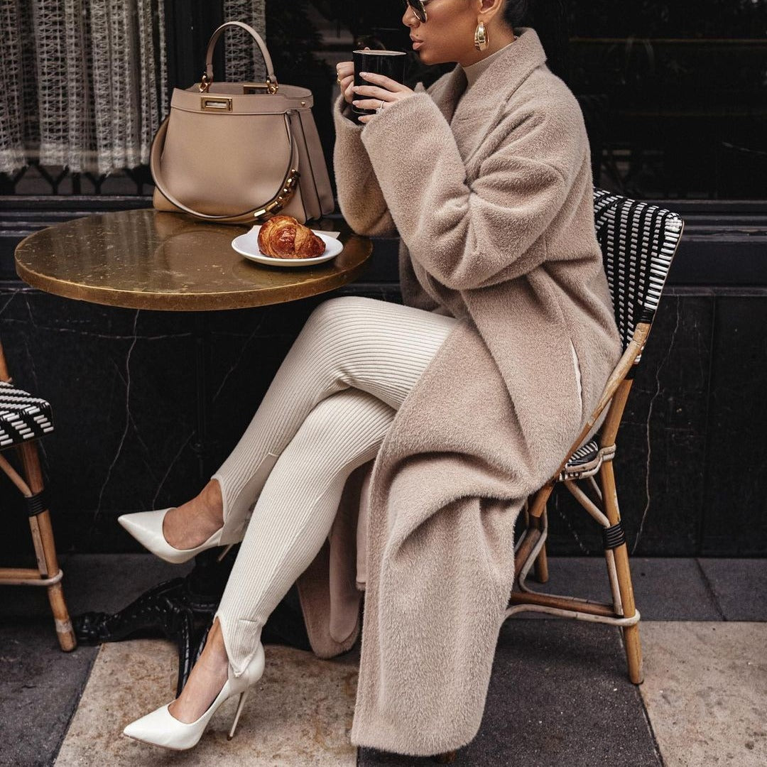 Women Long Fleece Coat Lapel Winter Warm Jacket