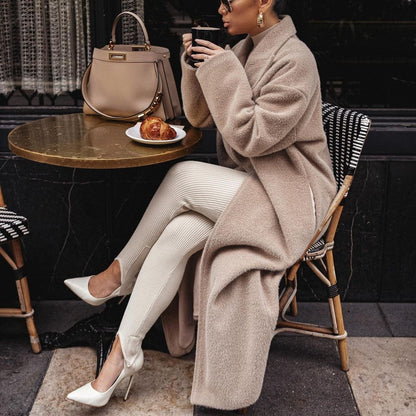Women Long Fleece Coat Lapel Winter Warm Jacket