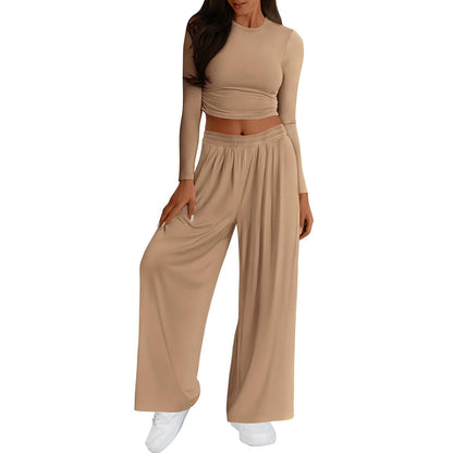 Womens Modal Crop Top Wide Leg Pants Two Piece Lounge Set