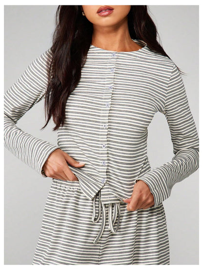 Striped Long Sleeve Top & Wide Leg Pants Two Piece Set