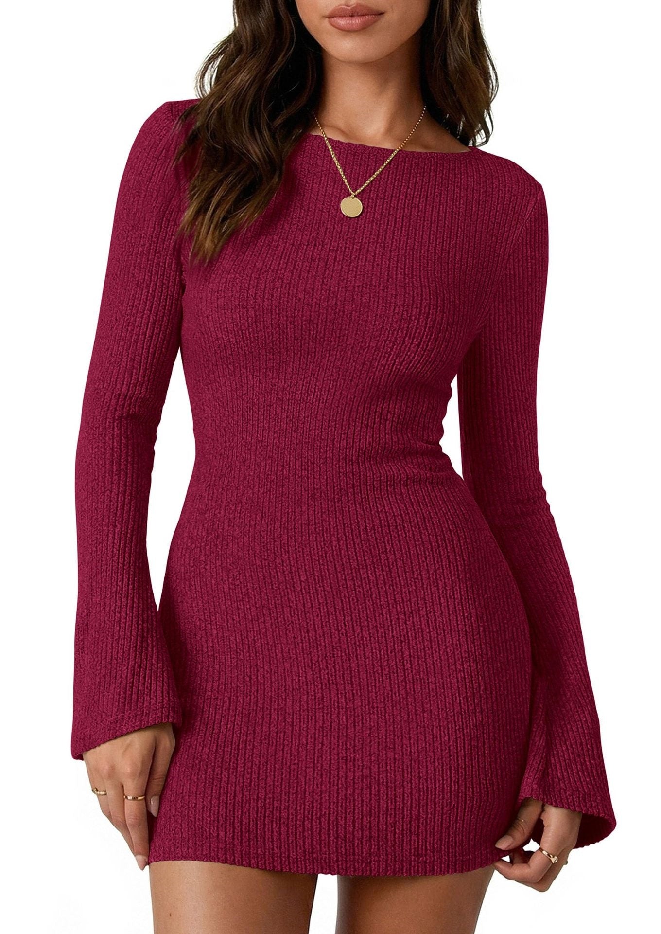 Solid ribbed knit bodycon mini dress bell sleeve