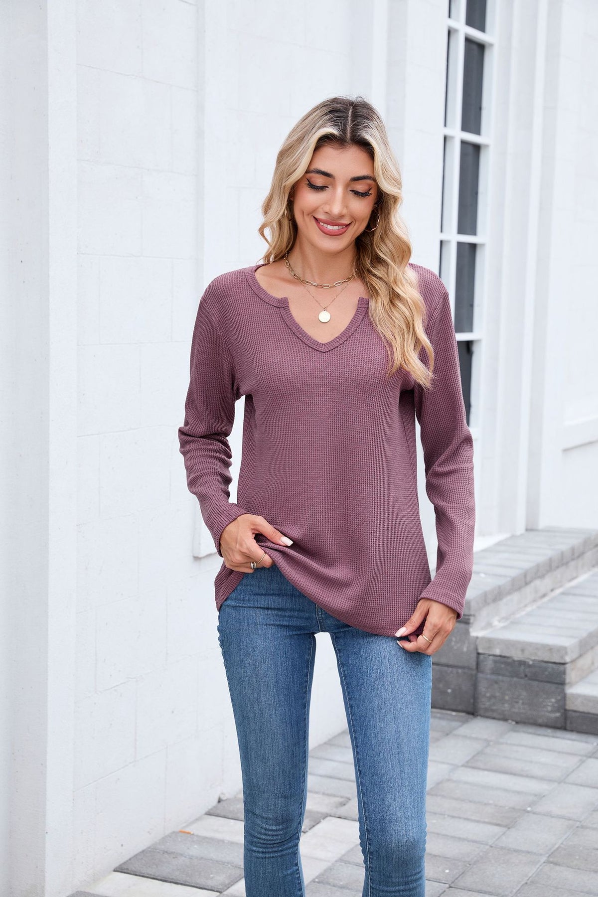 Women's Waffle Knit V-Neck Long Sleeve Loose Fit Top