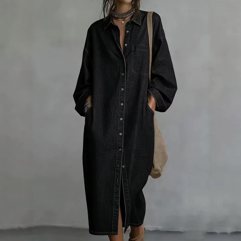 Oversized Denim Shirt Dress Button Front Midi