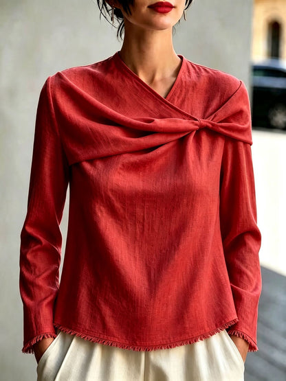 Women's Cotton Linen Cowl Neck Long Sleeve Blouse