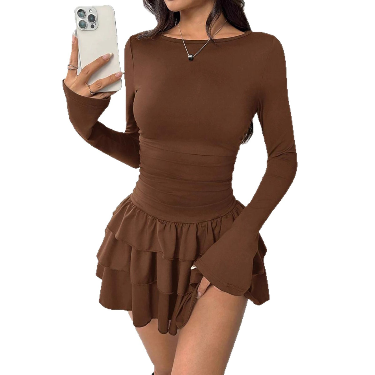 Women's Long Sleeve Bodycon Ruched Ruffle Mini Dress