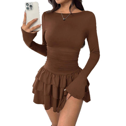 Women's Long Sleeve Bodycon Ruched Ruffle Mini Dress