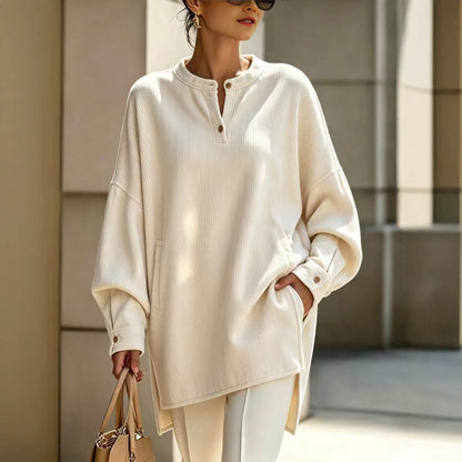 Women's Oversized Henley Tunic Textured Long Sleeve