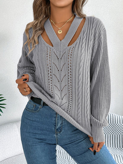 Hollow Out V Neck Cable Knit Lantern Sleeve Sweater