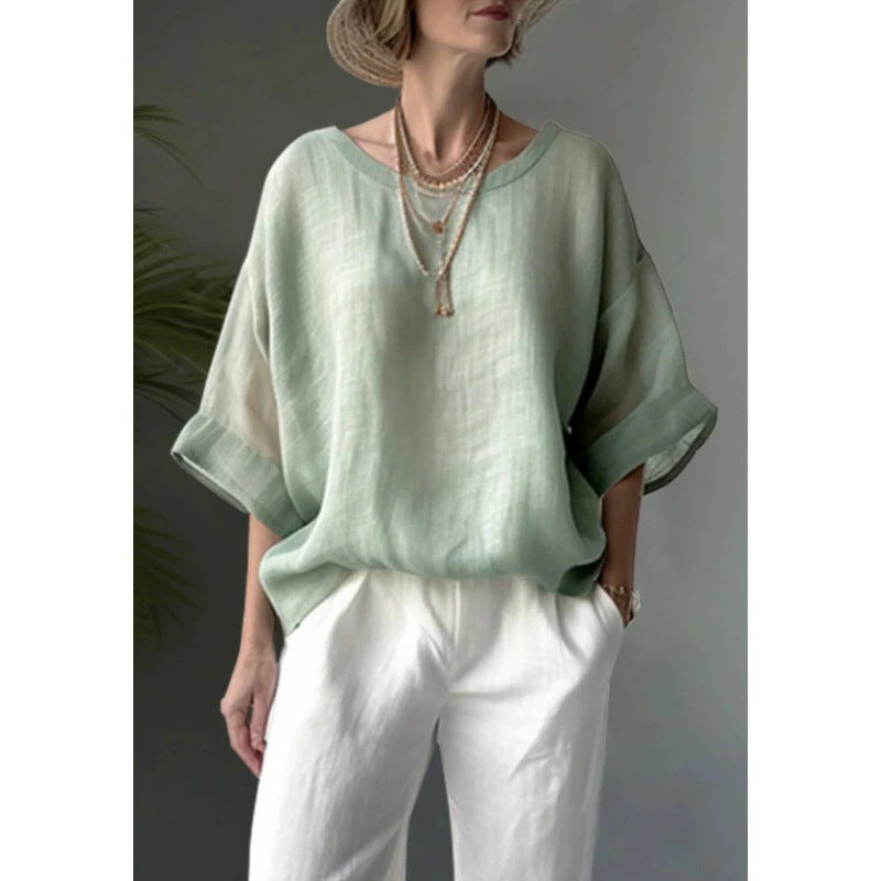 Oversized Linen Blend Drop Shoulder Boho Pullover Blouse