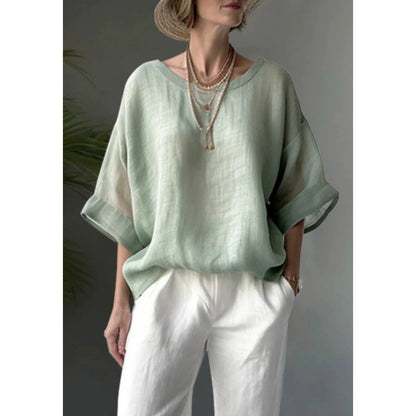 Oversized Linen Blend Drop Shoulder Boho Pullover Blouse