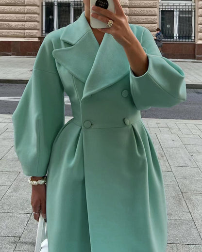 Women Wool Coat Double Breasted Balloon Sleeve Notch Lapel