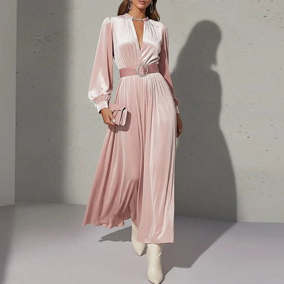 Women's Puff Sleeve V Neck Pleated Belted Maxi Dress
