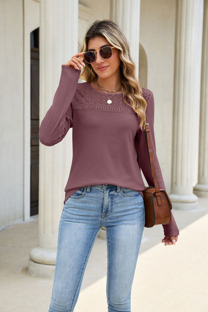 Solid Lace Yoke Knit Top Crewneck Long Sleeve Tee