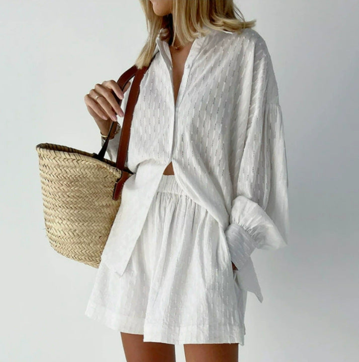 Women's Cotton Jacquard Shirt and Shorts Two Piece Set