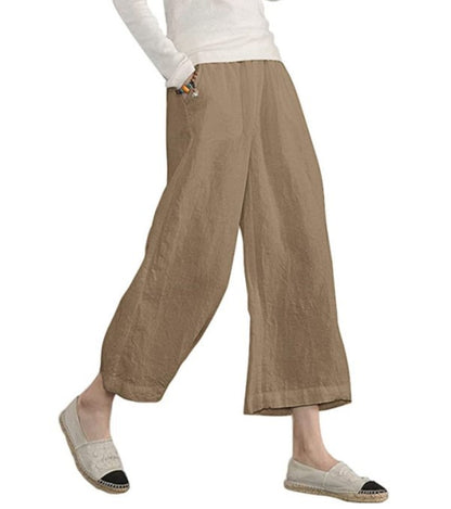 Women's Linen Cotton Wide Leg Cropped Pants Relaxed Fit