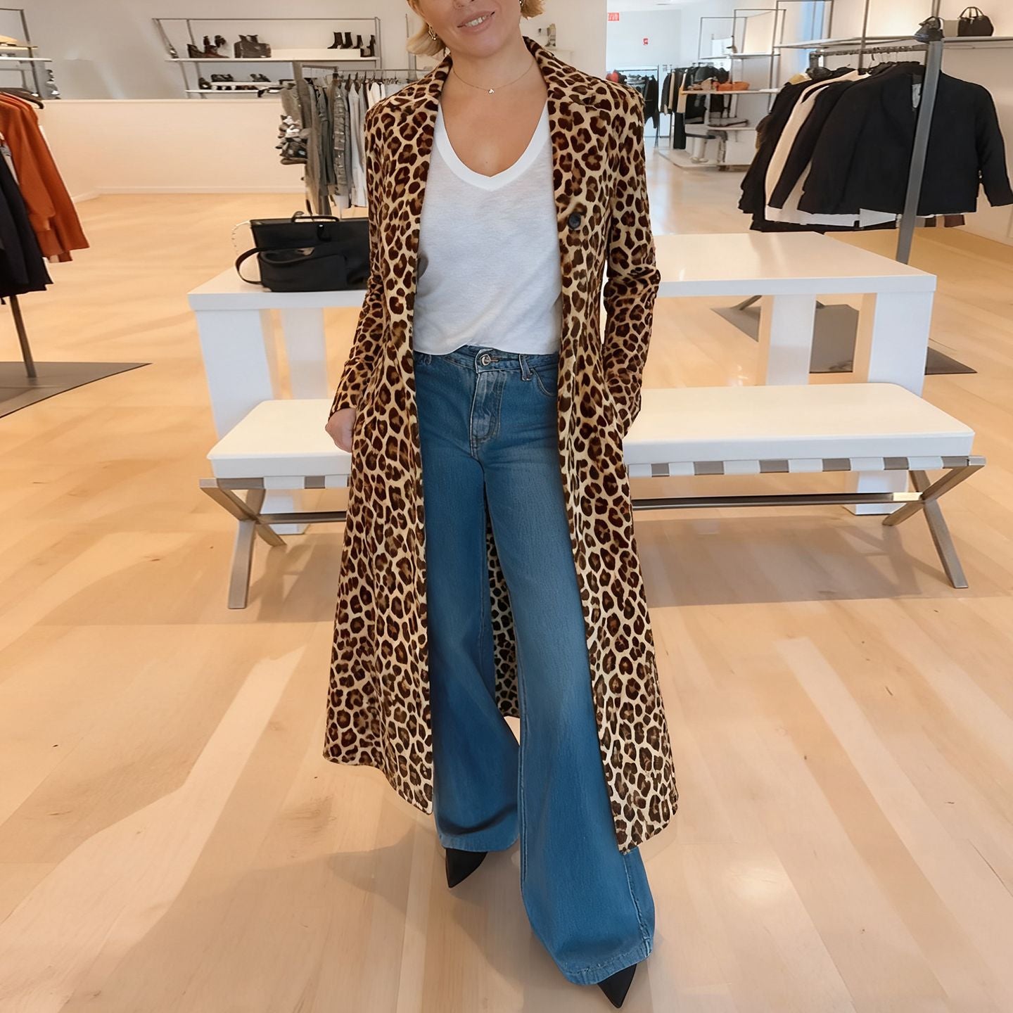 Women's Leopard Print Long Trench Coat Blazer